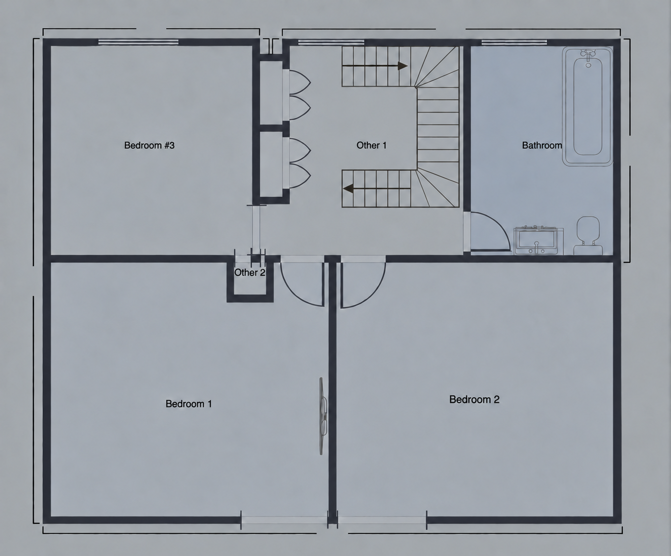 First floor plan showing three bedrooms, a bathroom and central stairs
