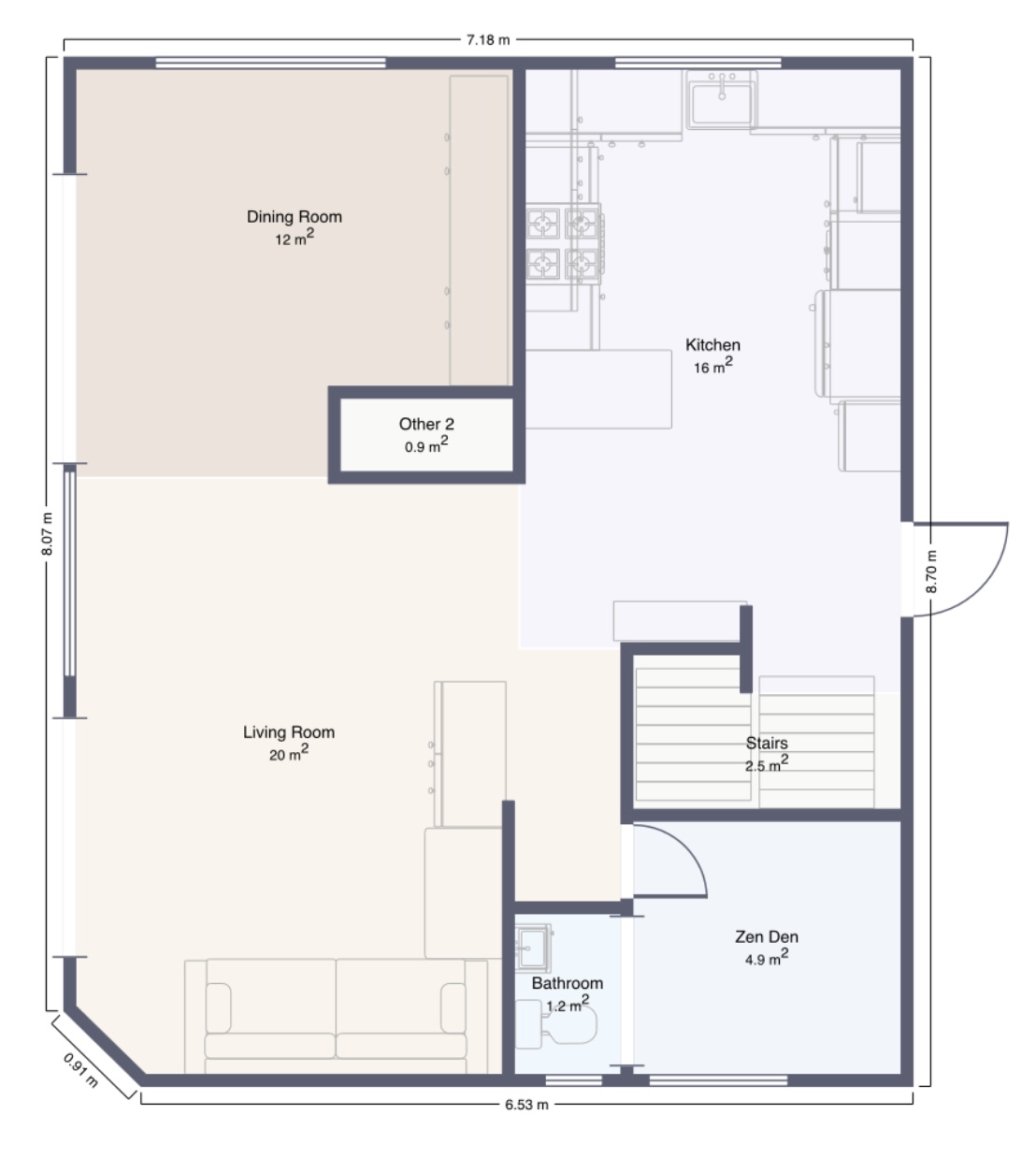 Ground floor plan showing the living room, dining room, kitchen, zen den, bathroom and stairs