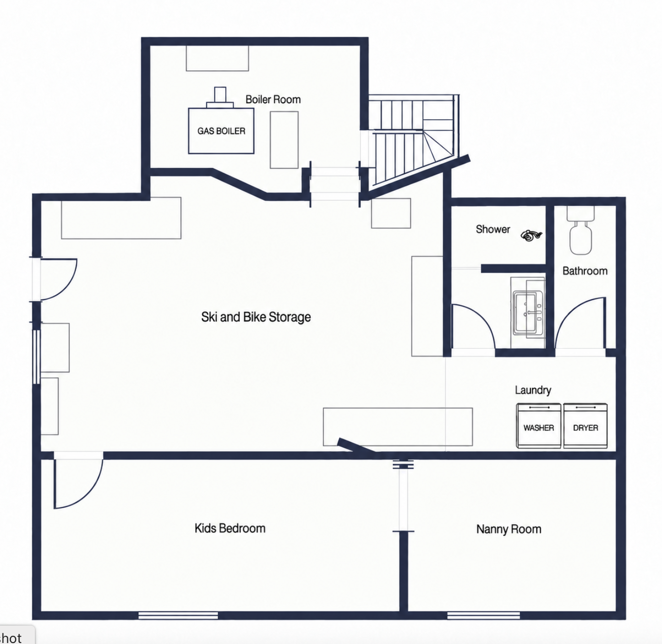 Lower ground floor plan showing ski and bike storage, boiler room, laundry, shower, bathroom, kids bedroom and nanny room